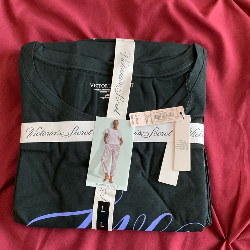 Victoria's Secret Black Tee with Light Blue Script Accent